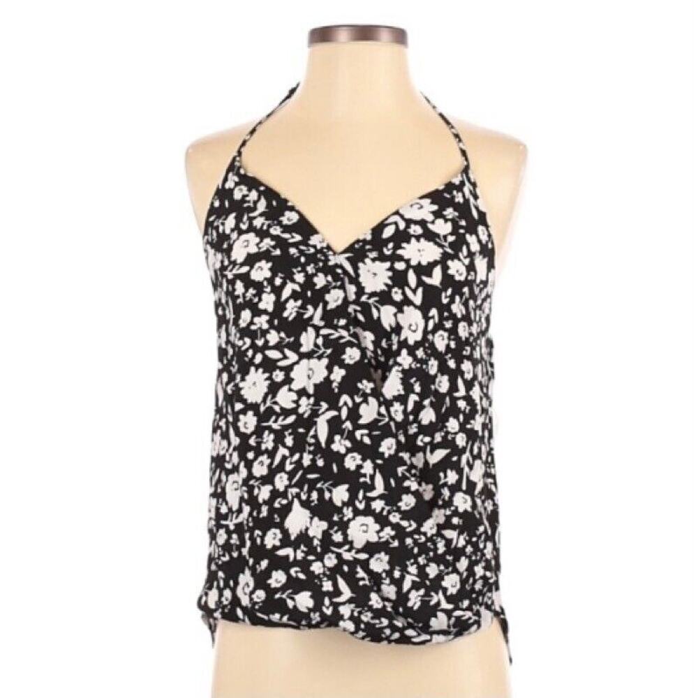 Aqua Tank Top Halter V-Neck Black White Floral Size S Preppy Dainty Coquette NWT